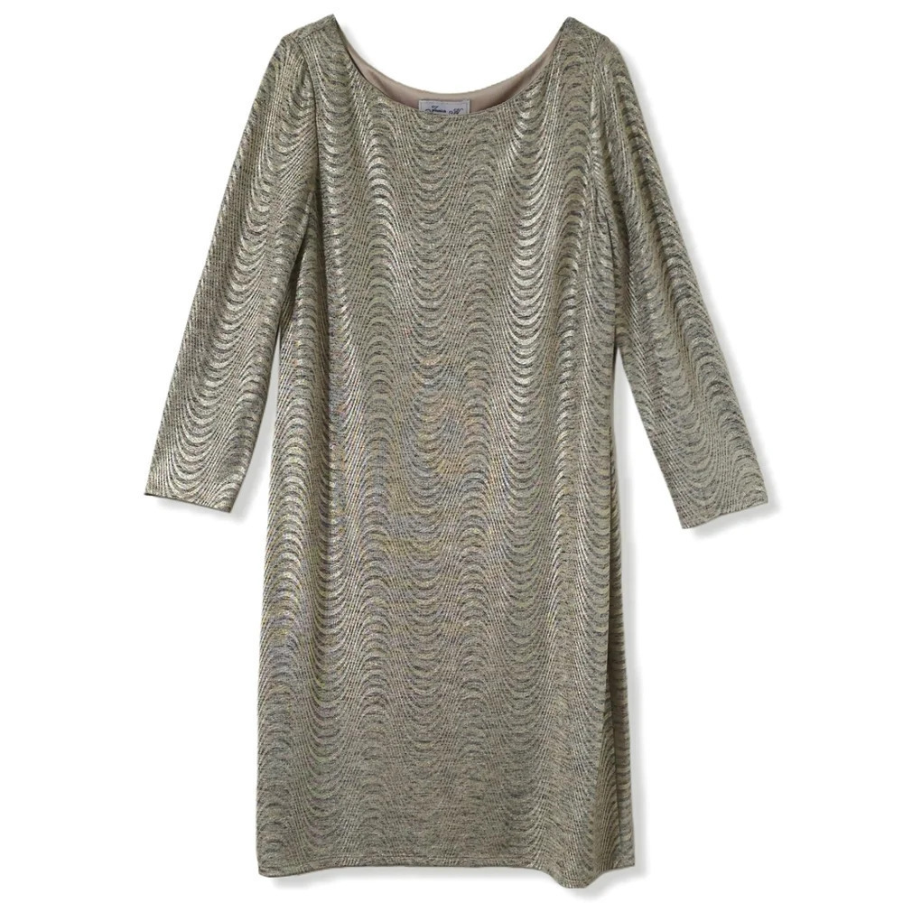 Gold Champagne Metallic Knit Wedding Guest Shift Dress, Formal Cocktail Elegant - Picture 3 of 15